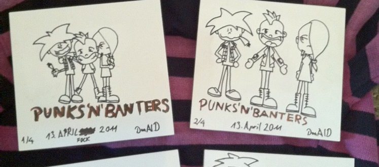 Punks'n'Banters Fan-Paket und Comic auf Holzbrettern